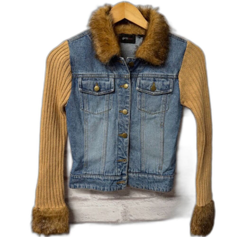 Vintage y2k Cropped Denim Jacket Knit Sleeve Faux Fur Trim Size XXS Jean Funky